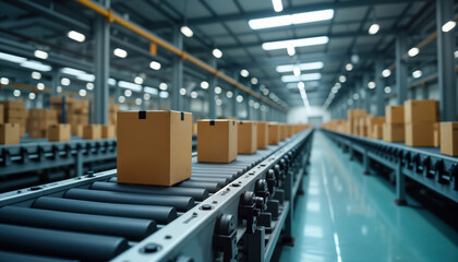 Fototapete - Cardboard boxes move smoothly on automated conveyor belt in modern factory. Efficient logistic process. Automated transport system for goods. State-of-the-art manufacturing facility. Boxes neatly