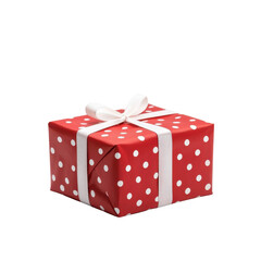 A festive gift box wrapped in red polka-dot paper, showcasing a white ribbon, ideal for celebrations and special occasions.