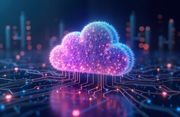 Fototapete - Futuristic illustration shows cloud computing concept. Digital cloud structure with glowing particles sits on circuit board background. Global digital network, data storage concept. Modern tech