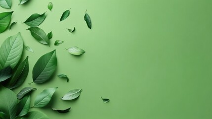 Aufkleber - Fresh green leaves scattered artistically on a vibrant green background creating a peaceful natural aesthetic. Generative AI
