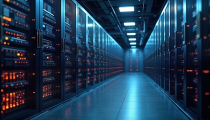 Poster - Advanced data center full of server cabinets. High tech equipment displays strong light. Modern infrastructure for cloud computing services. Futuristic design, powerful tech solutions. Illustrative