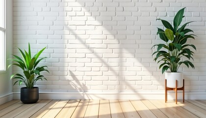 Aufkleber - Interior design scene with white brick wall wooden floor, plants. Sunlight casts shadows on floor, wall. Minimalist, bright setting. Natural plants adds life to empty space. Simple, modern design.
