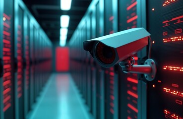 Poster - High-tech surveillance camera monitors server room. Advanced security system protects data center. Modern tech equipment glows in futuristic design. Glowing red lights enhance cyber protection.