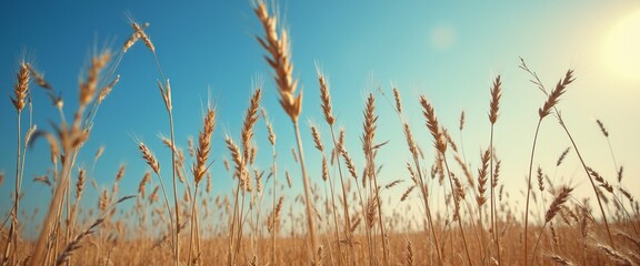 Wall Mural - A stunning view of golden wheat swaying gently in the breeze, illuminated by the warm sunlight against a clear blue sky. This serene landscape captures the essence of natures bounty, evoking feelings