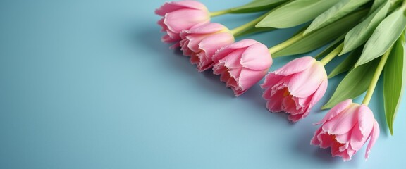 Wall Mural - A stunning display of pink tulips with lush green leaves creates a serene and inviting atmosphere against a calming blue backdrop. This image captures the essence of spring, evoking feelings of