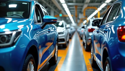 Leinwandbilder - Modern cars move on assembly line inside factory. Automated tech production facility. Blue vehicles in mass production. Precise auto parts assembly. High-tech industry. Futuristic manufacturing.