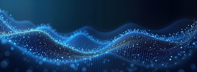 Fototapete - Abstract illustration of futuristic data flow. Dynamic wave of particles creates sense of movement, connection. Blue color scheme creates tech business vibe. Detailed look at points, colors, shapes