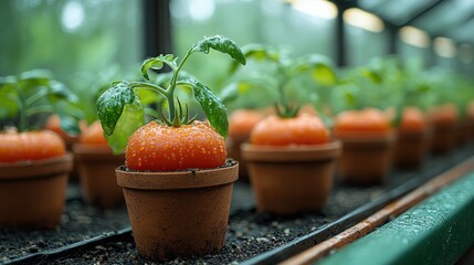 Wall Mural - Vibrant tomatoes growing in small pots inside a greenhouse with raindrops on leaves