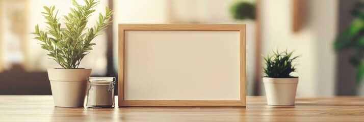Aufkleber - Minimalist decor featuring blank frame surrounded by green plants on a wooden table in a bright interior setting. Generative AI