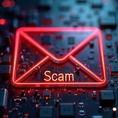 Poster - Digital email phishing scam depicted on circuit board. Red neon email symbol highlights potential fraud. Electronic device component shows tech vulnerability. Cybersecurity risks visualized. Online