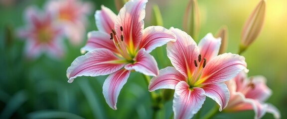 Wall Mural - A stunning close-up of vibrant pink lilies showcases their intricate petals and striking colors, illuminated by soft sunlight. This enchanting floral display evokes feelings of tranquility and beauty