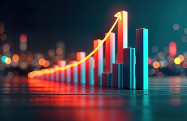 Poster - Abstract city view shows increasing graph. Vivid colors highlight economic growth. Colorful glowing chart reflects financial success. Business data visualization indicates prosperity. Digital