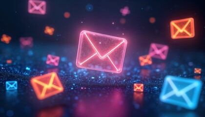 Poster - Email marketing concept. Abstract glowing email symbols float in air. Electronic mail communication. Modern tech. Digital message. Online marketing. Newsletter design. Virtual communication concept.