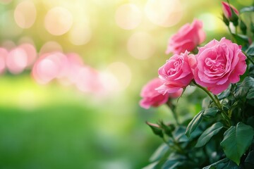 Poster - Beautiful pink roses bloom in a sunny garden during spring season, showcasing vibrant petals and green foliage. Generative AI