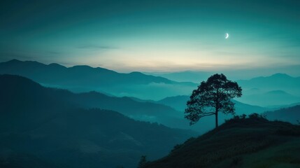 Aufkleber - Majestic twilight landscape with a lone tree silhouetted against distant mountains in the fading light. Generative AI
