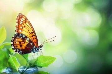 Aufkleber - Colorful butterfly perched on green leaves, showcasing intricate wing patterns in a vibrant natural setting. Generative AI