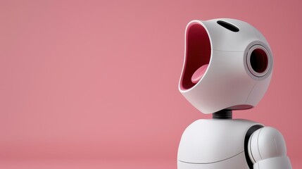 Canvas Print - This AI robotic vocalist elegantly blends technology with music, set against a soft white and pink backdrop. The perfect harmony awaits