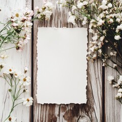 Aufkleber - Fresh flowers surrounding a blank piece of paper on a wooden background for creative projects or messages. Generative AI