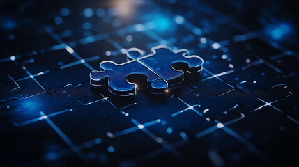a deep perspective shot of puzzle pieces locking together in a virtual blue cyberspace, showcasing t