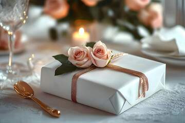 Wall Mural - Elegant gift wrapped with white paper and adorned with pink roses on a softly lit table setting