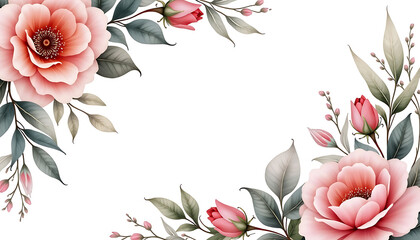 Wall Mural - Floral design with pink roses and leaves on white background