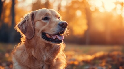 Poster - Golden retriever enjoying a sunny autumn afternoon in a vibrant park filled with fallen leaves. Generative AI