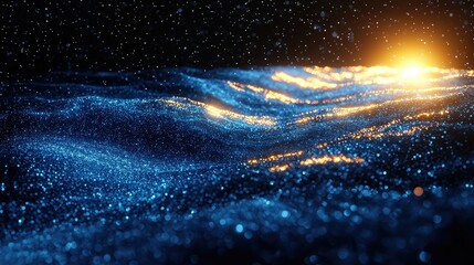Wall Mural - abstract blue and gold glittering waves of light