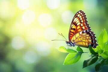 Aufkleber - Butterfly perched on a vibrant green leaf under soft natural light in a serene atmosphere. Generative AI