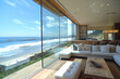 © SuzeO - beachfront luxury residence, stylish beach house with large windows offers a stunning view of the ocean and a modern, calm interior ultra hd realism