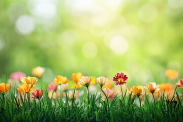 Poster - Colorful flowers bloom in vibrant garden under sunlight, creating a serene atmosphere in early spring season. Generative AI