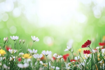 Fototapete - Colorful wildflowers bloom in a sunny meadow during springtime with a soft, blurred background. Generative AI