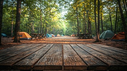 Canvas Print - Sunrise campsite, forest path, wooden platform, tranquil nature