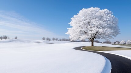 Wall Mural - Frosty tree on winter golf course, scenic road. Winter landscape, peaceful scene, nature photography, ideal for calendars or websites