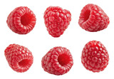 Six fresh, red raspberries isolated on transparent background