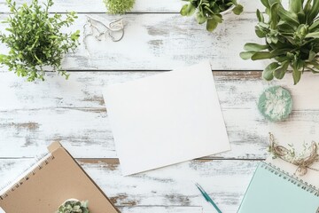 Aufkleber - Creative workspace with fresh plants and empty stationery on wooden table during daytime. Generative AI