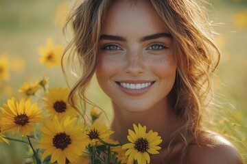 Wall Mural - Young woman smiling with sunflowers in a vibrant field during golden hour sunshine