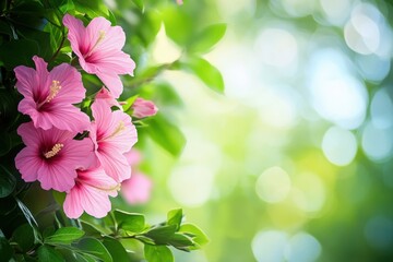 Poster - Vibrant pink hibiscus flowers bloom against a soft green background in a serene garden setting during the day. Generative AI