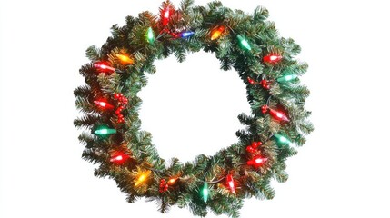 A wreath with lights on it. The lights are in different colors. The wreath is on a white background