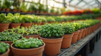 Wall Mural - Lush green basil plants thriving in a sunlit greenhouse with vibrant flowers in the background