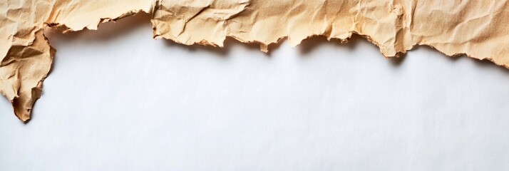 Leinwandbilder - Crumpled brown paper torn along its edge resting on plain white surface. Generative AI