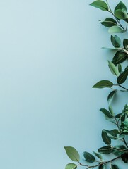 Poster - Fresh green leaves arranged on a smooth light blue background creating a serene and natural composition. Generative AI