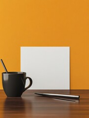 Leinwandbilder - Black mug with straw and pens on wooden desk near blank white paper against orange wall. Generative AI