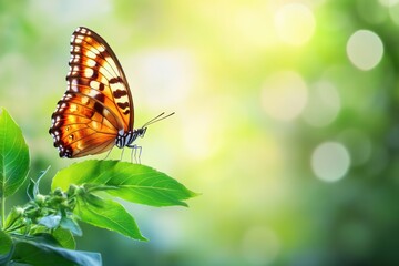 Poster - Colorful butterfly perched on green leaf in a sunny garden during spring. Generative AI
