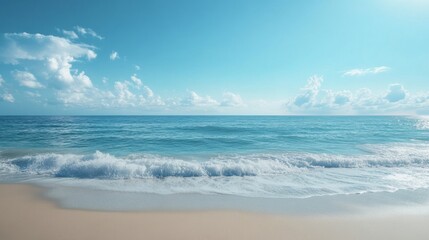Poster - Waves gently lap against the sandy shore under a clear blue sky during midday at a serene beach location. Generative AI