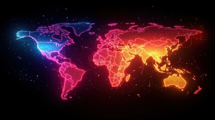 Glowing world map, network connections, digital background, global communication