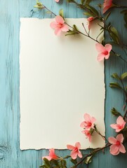Poster - Blank vintage paper surrounded by delicate pink flowers on a rustic blue wooden surface. Generative AI