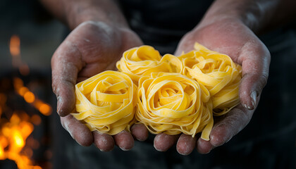 Fresh fettuccine egg dough pasta nests and hands of the chef holding another dose of the Italian specialty