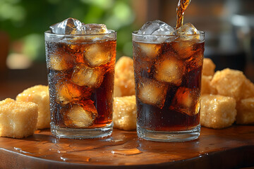 Wall Mural - Two Glasses of Cola with Ice Cubes and Sugar on Wooden Surface