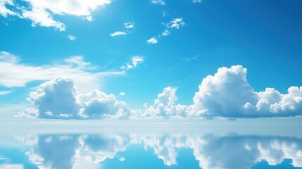 Fototapete - Beautiful clouds reflecting on calm water under clear blue sky during sunny day. Generative AI