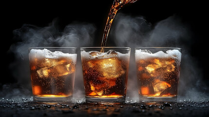 Wall Mural - Three Glasses of Iced Brown Drink with Steam on Dark Background